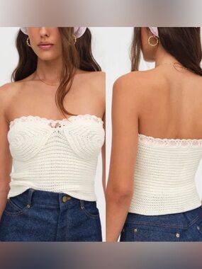 For Love & Lemons 🍋 KELSEY CROCHET TOP In Ivory W/ Pink Ribbon & Rosette 💐